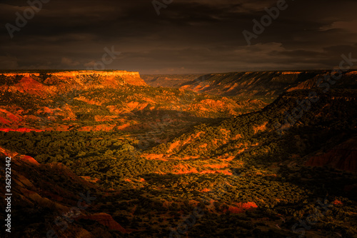 The last sun rays of the day hitting the Palo Duro Canyon