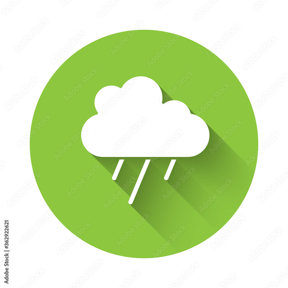 White Cloud with rain icon isolated with long shadow. Rain cloud precipitation with rain drops. Green circle button. Vector. White Cloud with rain icon isolated with long shadow. Rain cloud precipitation with rain drops. Green circle button. Vector.