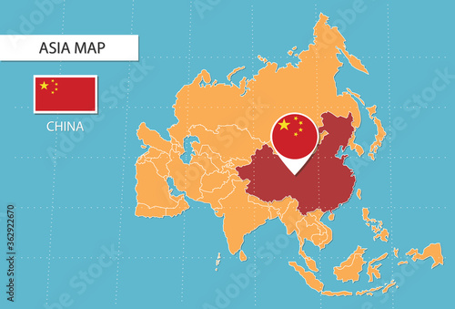 China map in Asia, icons showing China location and flags.