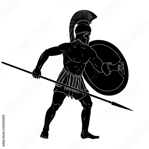 Roman Empire warrior in armor and a helmet with a weapon in hand stands ready for attack and defense isolated on white background.
