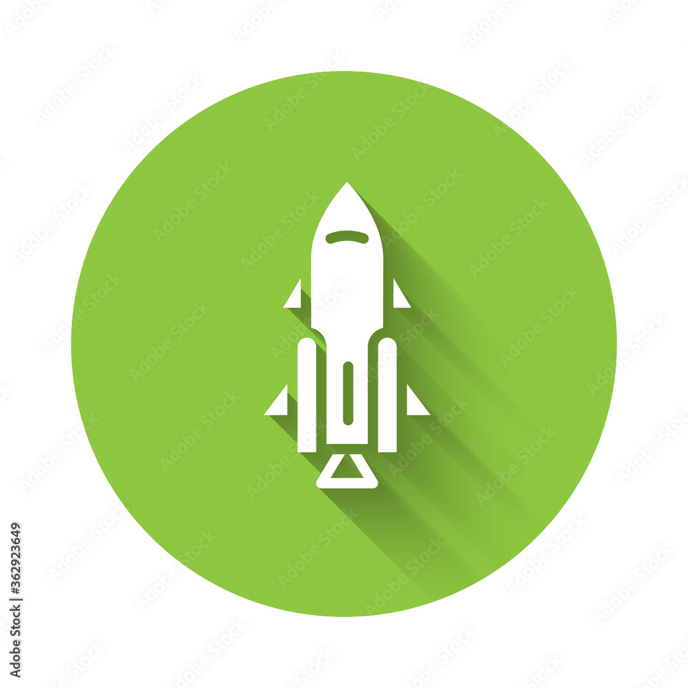 White Rocket ship with fire icon isolated with long shadow. Space travel. Green circle button. Vector. White Rocket ship with fire icon isolated with long shadow. Space travel. Green circle button. Vector.