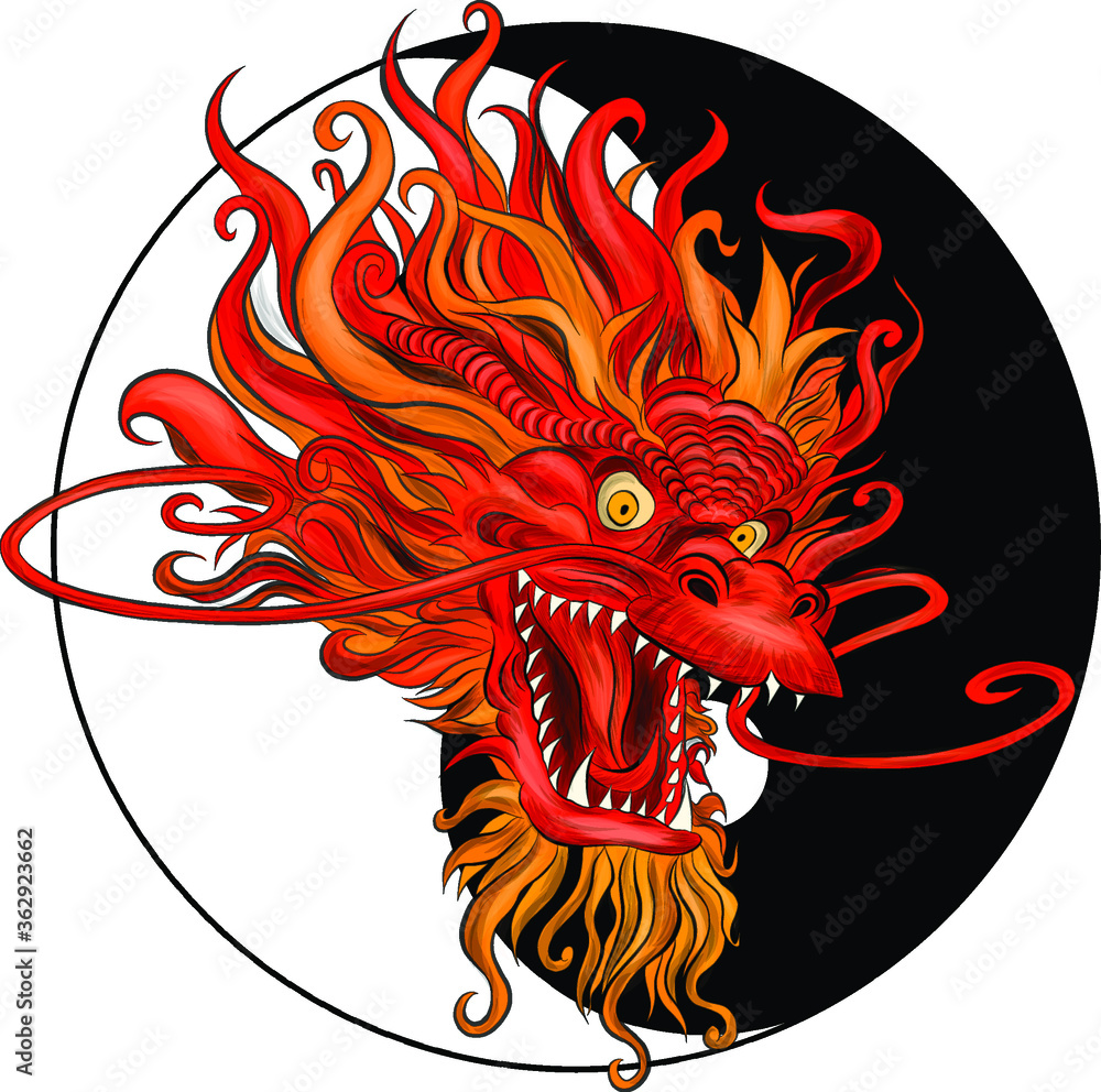 head red traditional Chinese dragon symbol and Yin Yang vector ...