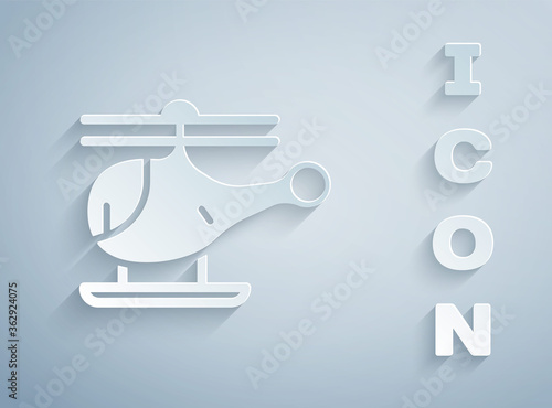 Paper cut Helicopter aircraft vehicle icon isolated on grey background. Paper art style. Vector.