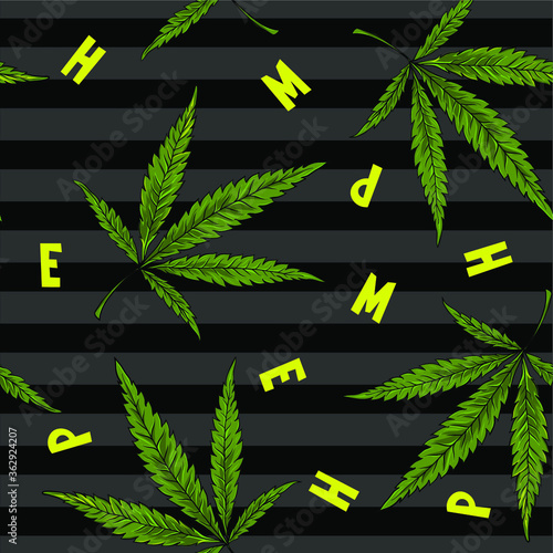 Seamless beautiful hemp pattern. Bright and stylish cannabis for textile design. Leafs ornament. Natural and organic pattern design