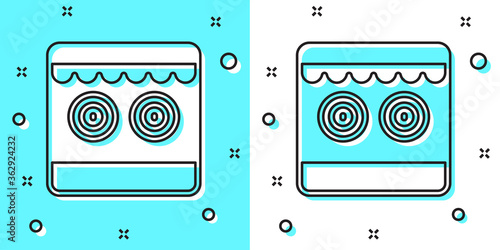 Black line Shooting gallery icon isolated on green and white background. Random dynamic shapes. Vector.