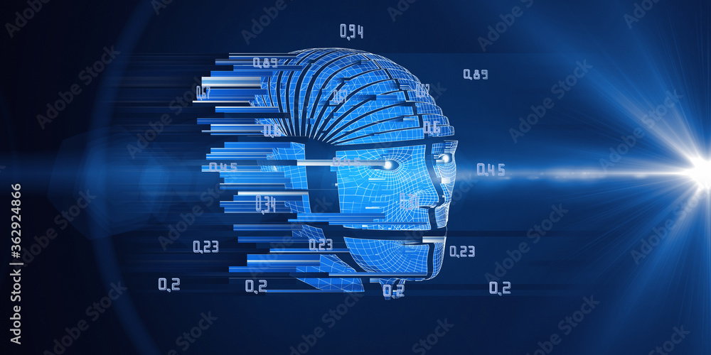 Big data. 3D rendering of abstract background with wireframe human head ...