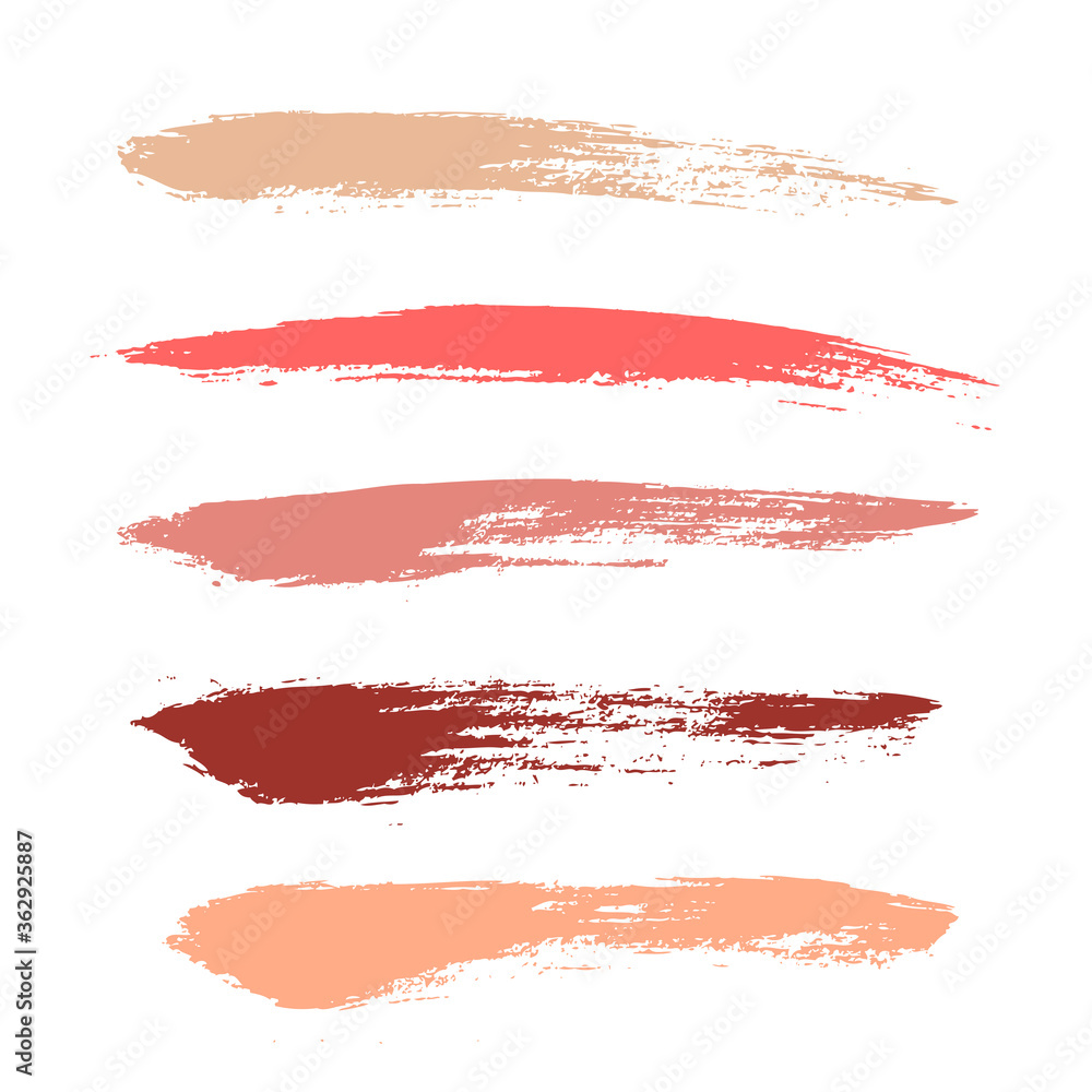 Makeup strokes, Set of lipstick swatches, Beauty and cosmetic nude, pink and red brush smudges vector background. smear make up lines collection, liquid make up texture isolated on white.