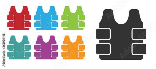 Black Bulletproof vest for protection from bullets icon isolated on white background. Body armor sign. Military clothing. Set icons colorful. Vector.