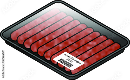 A tray of 10 fresh sausages covered with cling film with a price sticker. Dark/red meat. Lamb, beef.