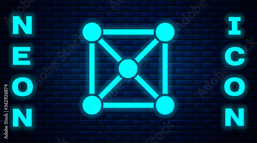 Glowing neon Blockchain technology icon isolated on brick wall background. Cryptocurrency data. Abstract geometric block chain network technology business. Vector.