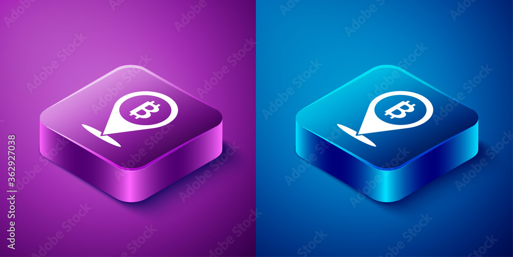 Isometric Location bitcoin icon isolated on blue and purple background. Physical bit coin. Blockchain based secure crypto currency. Square button. Vector. Isometric Location bitcoin icon isolated on blue and purple background. Physical bit coin. Blockchain based secure crypto currency. Square button. Vector.