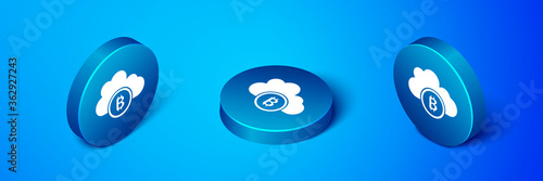 Isometric Cryptocurrency cloud mining icon isolated on blue background. Blockchain technology, bitcoin, digital money market, cryptocoin wallet. Blue circle button. Vector.