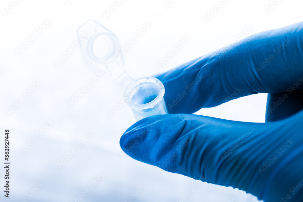 Fototapeta premium gloved hand and laboratory test tubes in a laboratory. virus or vaccine testing