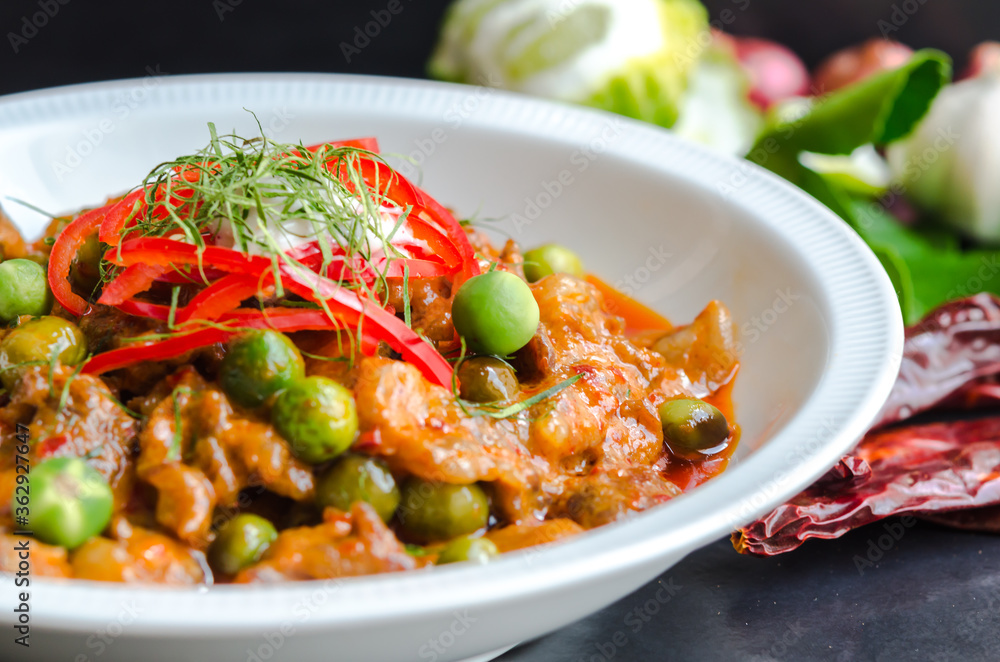 Thai Cuisine beef panang curry,a little spicy with aroma from fresh herbs and coconut cream. Thai Cuisine beef panang curry,a little spicy with aroma from fresh herbs and coconut cream.