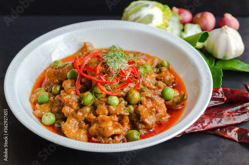 Thai Cuisine beef panang curry,a little spicy with aroma from fresh herbs and coconut cream.