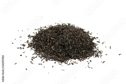 Leaves of black premium dry tea on a white background