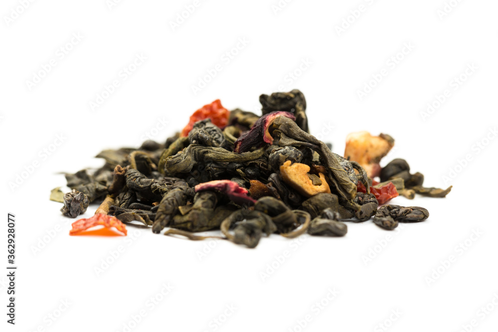 Leaves of Chinese Dry Tea Top Grade with Goji Berries and Powdered Acai on White Background Leaves of Chinese Dry Tea Top Grade with Goji Berries and Powdered Acai on White Background