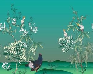 Handdoek met foto Koraalgroen Chinoiserie bloementuin met papegaaien  © Irina