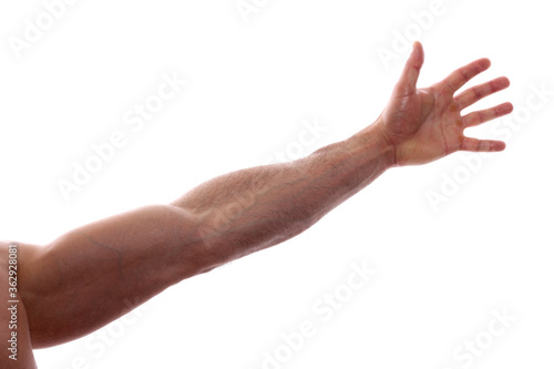 Stretched male arm isolated on white background.Studio shot.