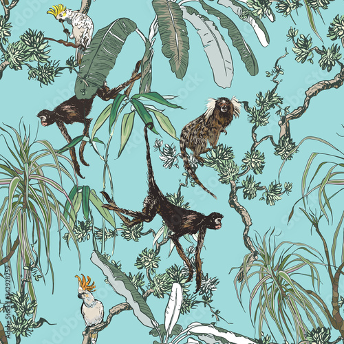 Monkeys and Exotic Birds in Chinoiserie Jungle Forest, Oriental Wallpaper Design Tropical Plants and Palms, Animals Jumping on Lianas Vintage Seamless Pattern on Blue Background