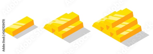 Isometric golden bars set. Gold bricks or ingot isolated