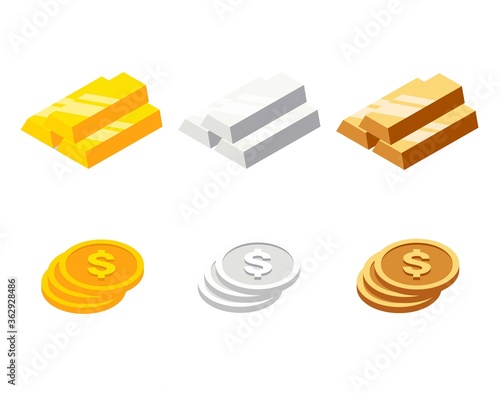Set of bars and coins in isometric style. Gold, silver and bronze bricks or ingot and coins