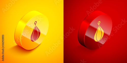 Isometric Punching bag icon isolated on orange and red background. Circle button. Vector.