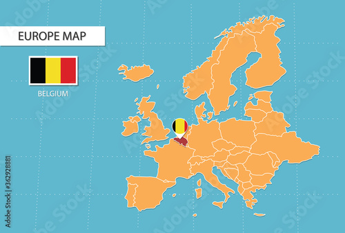 Belgium map in Europe, icons showing Belgium location and flags.	