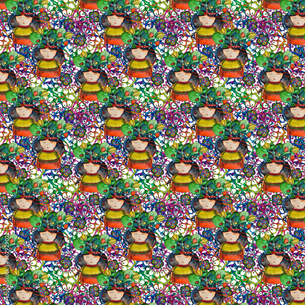 Obraz premium Cute cartoon girl faces seamless pattern. Watercolor portraits of women on mandala background
