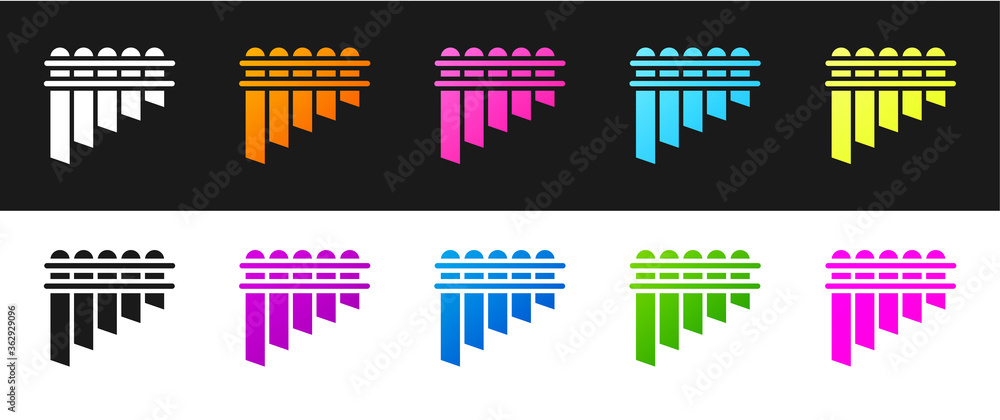 Set Pan flute icon isolated on black and white background. Traditional peruvian musical instrument. Zampona. Folk instrument from Peru, Bolivia and Mexico. Vector.