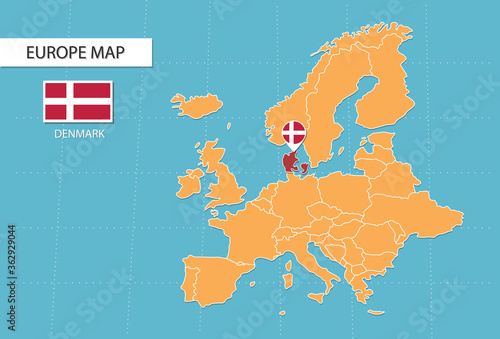 Denmark map in Europe, icons showing Denmark location and flags.	