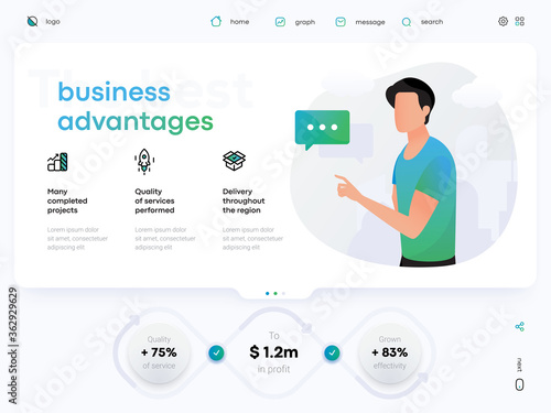 Advantages of company with illustration. Man talk on street. 3d infographic design template. Vector illustration for strategic business planning. Used for business presentation, web, marketing project