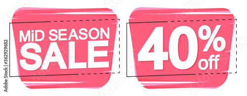 Mid Season Sale, 40% off, bubble banners design template, discount tags, app icon, vector illustration