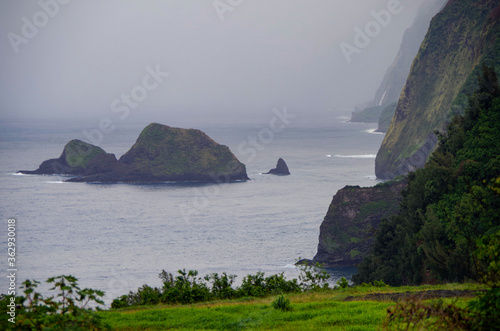 View from lookout over Pololu Valley coast line on misty or foggy day on Big Island in Hawaii with ocean and lush evergreen rainforest vegetation photo