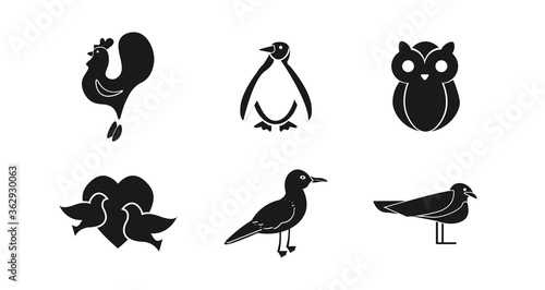 bird icon set with penguin, owl, ostrich, stork, cock and pigeons