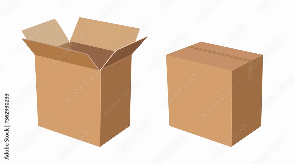 Vector Iolated Set of Carton Boxes, Opened and Closed