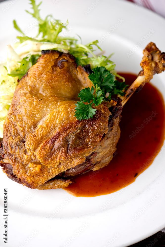 Duck. Prepared in classic French bistro style. Duck rendered in fat