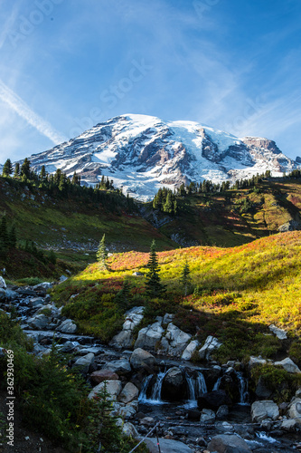 Mount Rainier at sunset, with a waterfall in front.