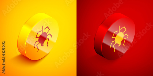 Isometric Spider icon isolated on orange and red background. Happy Halloween party. Circle button. Vector.