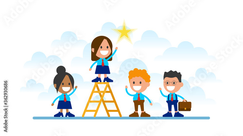 Businesswoman climbing on ladder to sky and trying to catch dream star.
