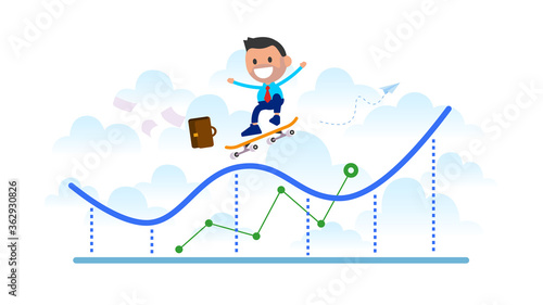 Businessman on a skateboard going up the growing chart.
