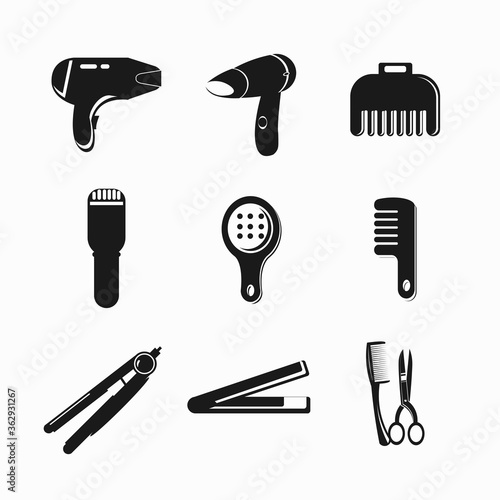 hair care icon set with hairdryer, hair comb, straightening forceps, Blow dry