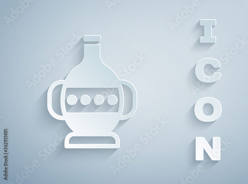 Paper cut Ancient amphorae icon isolated on grey background. Paper art style. Vector.