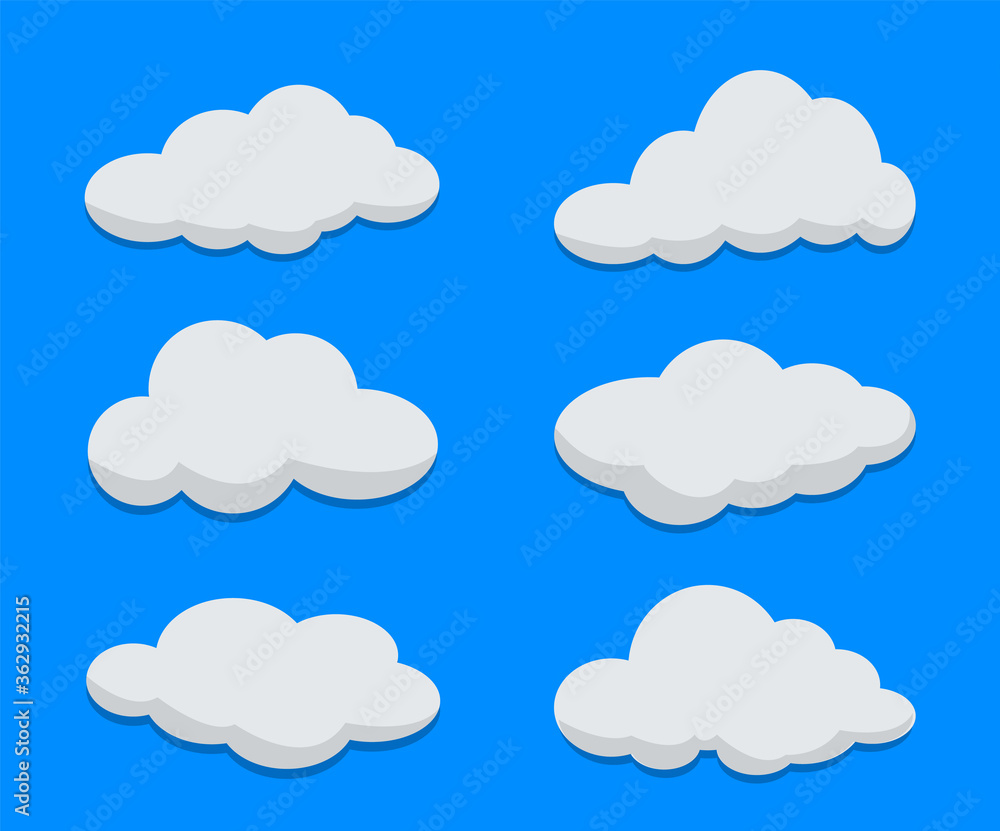Set of flat cartoon clouds on blue background. Cloud templates for design. Fluffy vector clouds collection. Abstract cloud elements for business. Collection of clouds in trendy flat style. EPS 10
