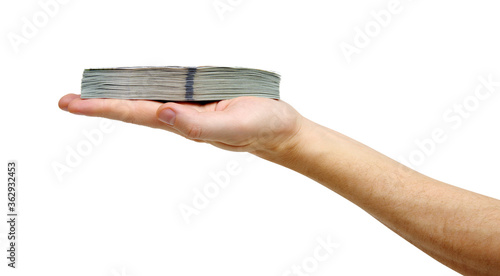 Hand with US dollars isolated on white