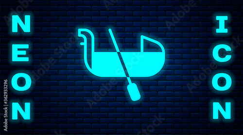 Glowing neon Gondola boat italy venice icon isolated on brick wall background. Tourism rowing transport romantic. Vector.