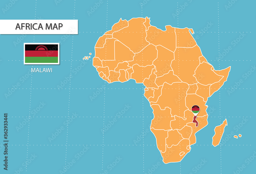 Malawi On The Map Of Africa Malawi Map In Africa, Icons Showing Malawi Location And Flags. Stock Vector  | Adobe Stock