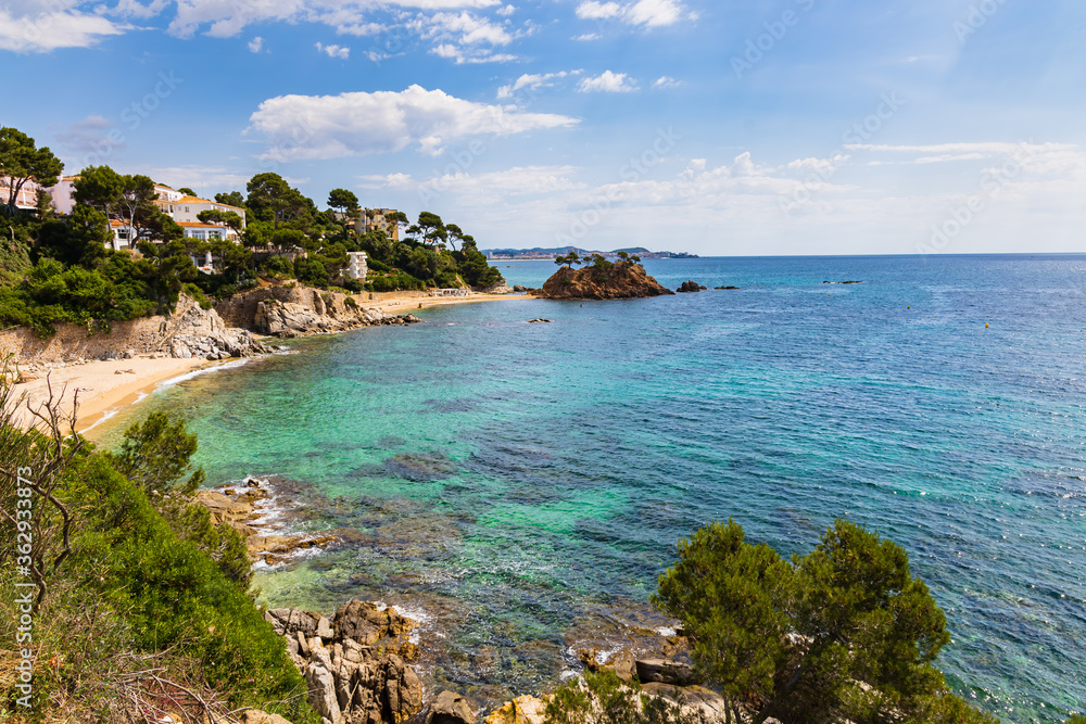 View of Cala Belladona with Cape Roig in the background, Costa Brava, Catalonia, Spain.