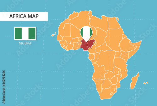 Nigeria map in Africa, icons showing Nigeria location and flags.	
