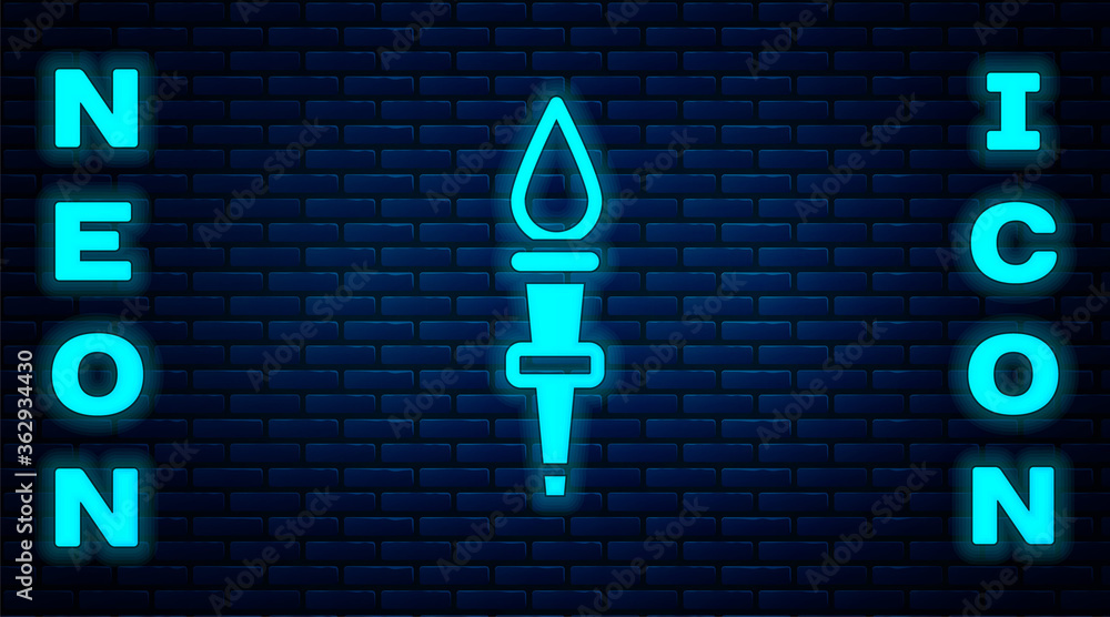Glowing neon Torch flame icon isolated on brick wall background. Symbol fire hot, flame power, flaming and heat. Vector. Glowing neon Torch flame icon isolated on brick wall background. Symbol fire hot, flame power, flaming and heat. Vector.